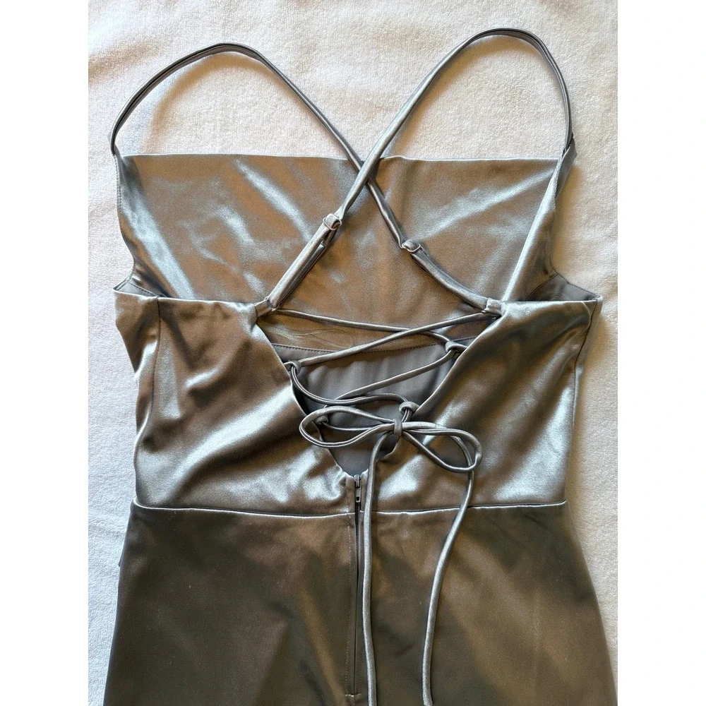 Slinky Sexy Party Speechless Silver Satin Lace Up Back Mini Dress Women's Medium